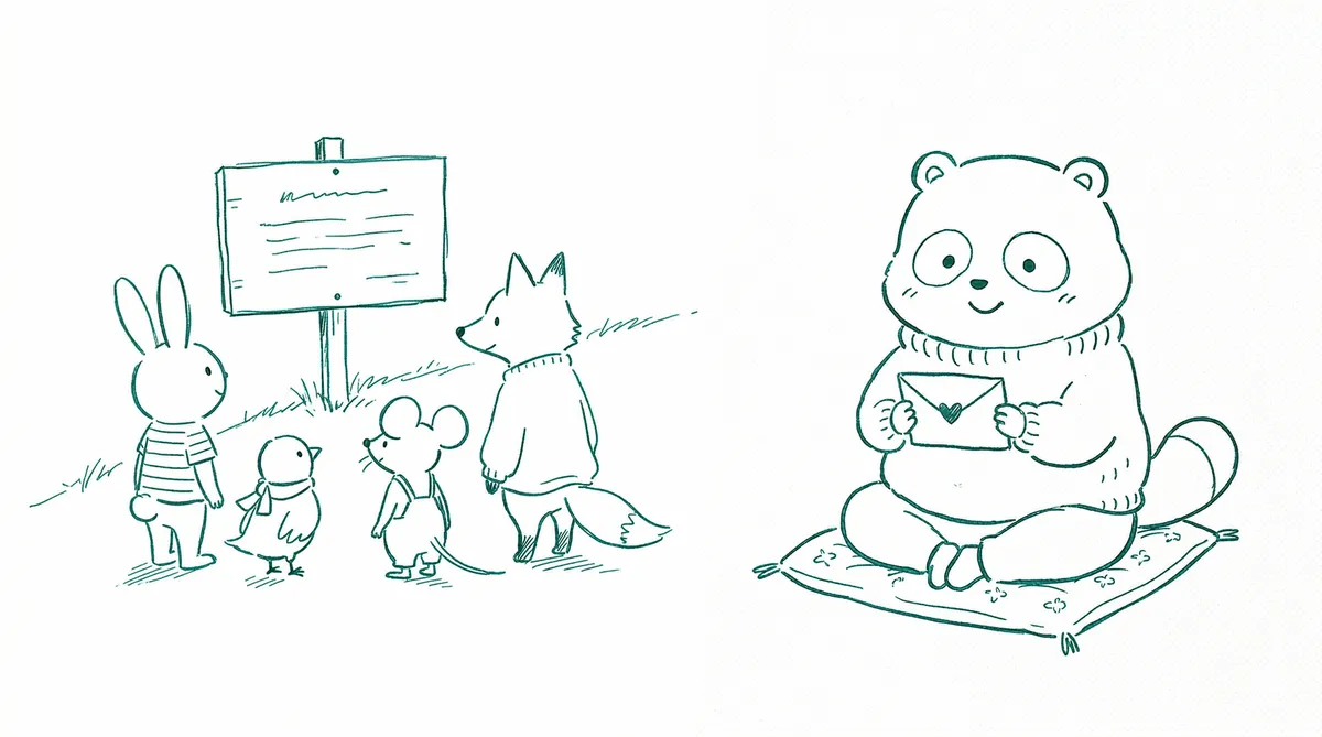 みんな同じ情報 vs 自分だけのレポートを受け取るたぬきのイラスト