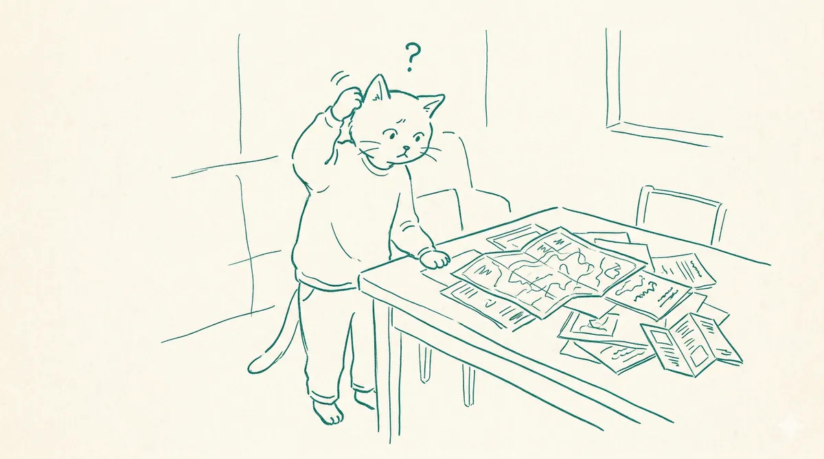 情報の海で迷う猫のイラスト