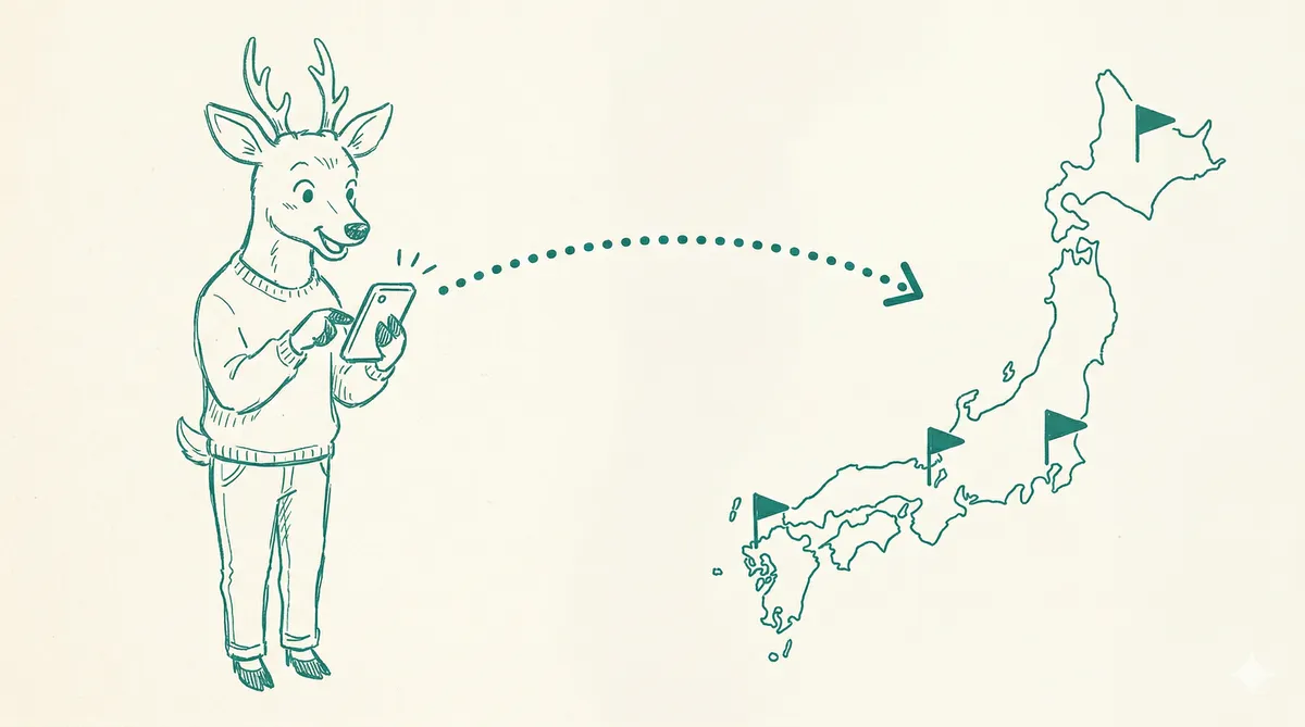 スマホで候補地を見つける鹿のイラスト