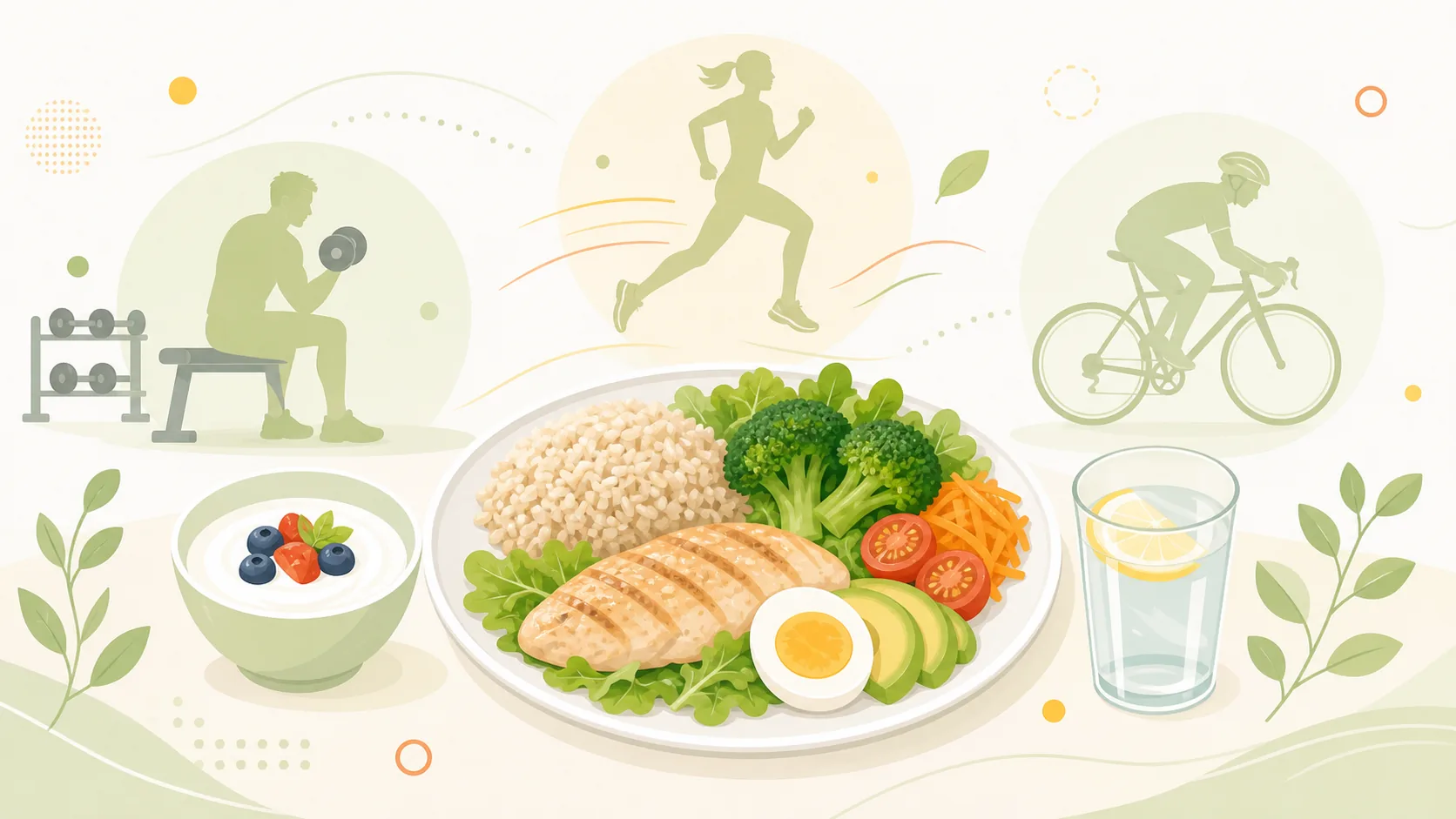 ダンベル、自転車、ランナー、食事プレートのイラスト