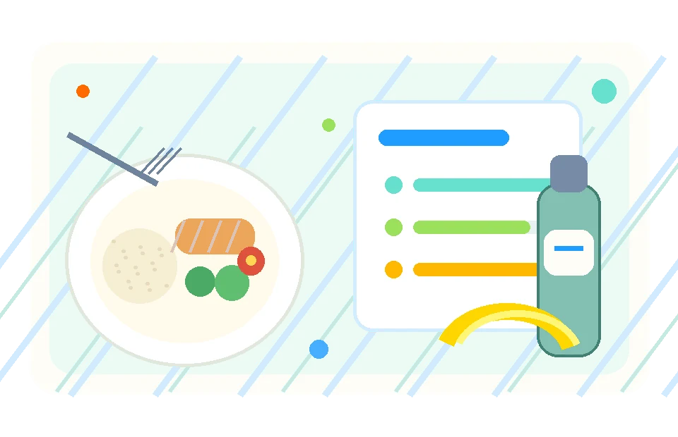 食事、栄養グラフ、水分補給をまとめたイラスト